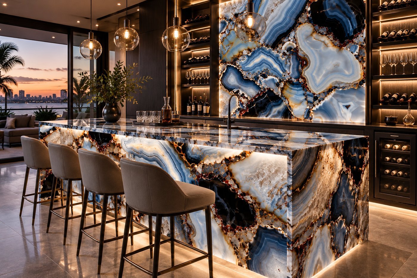 Backlit Agate Preciousstone bar with waterfall edge, an example of Stone Experience design consultation work