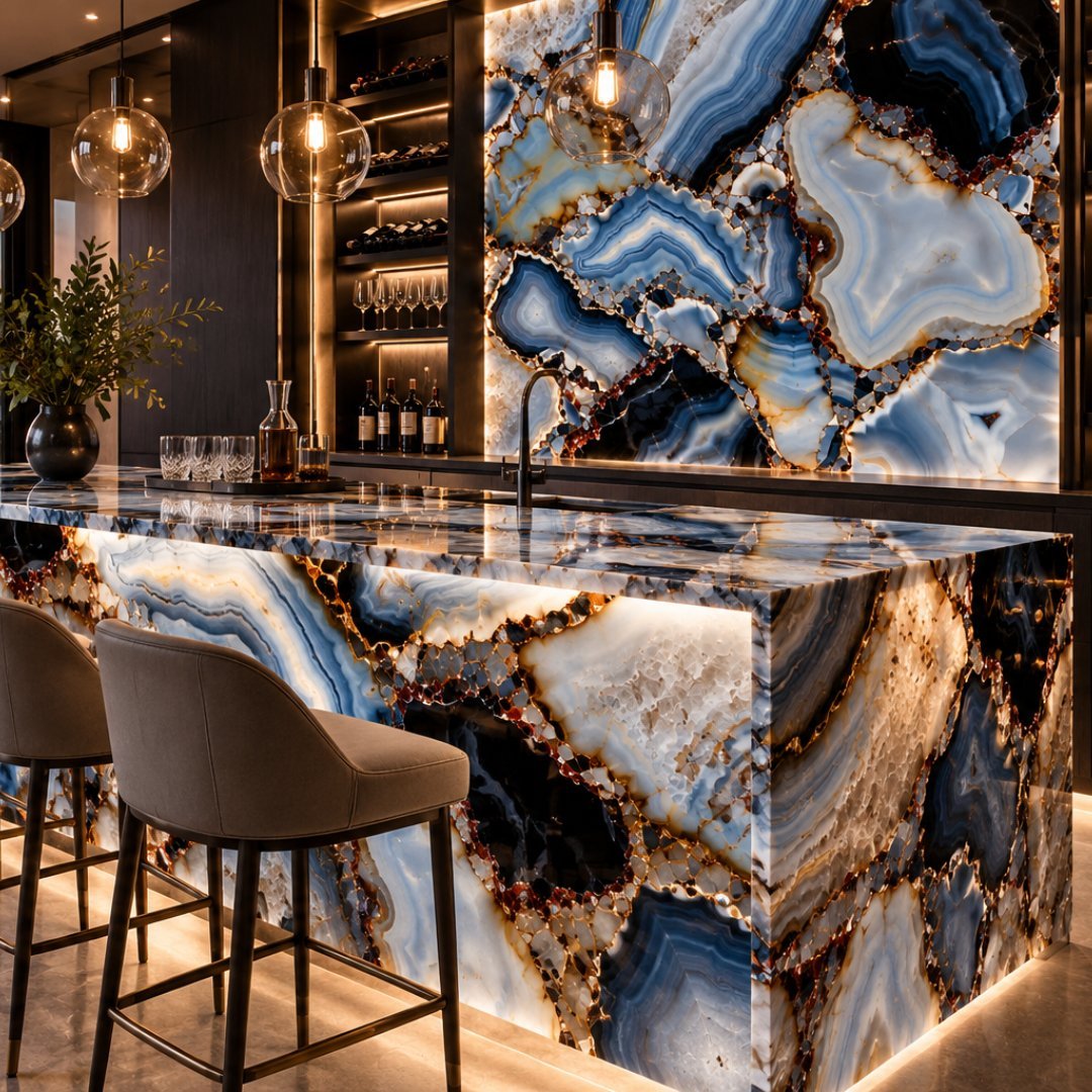 Backlit natural stone veining detail