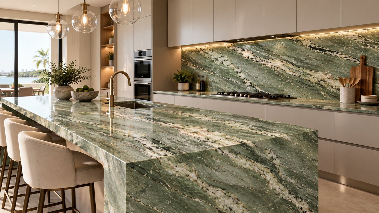 Green Dolomite natural stone countertop and backsplash in a Stone Experience kitchen