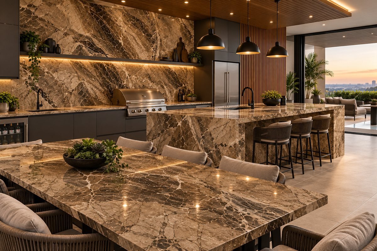 Golden marble kitchen application, skyline view