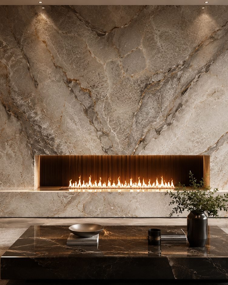 Living room fireplace surround in natural Dolomite stone, a Stone Experience project
