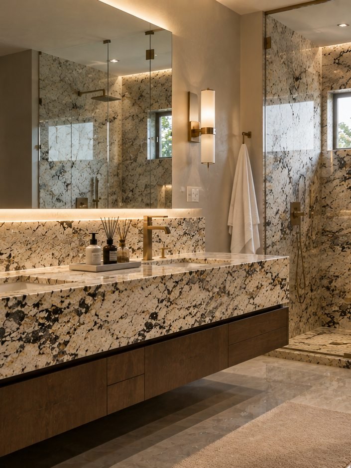 Bathroom vanity in Alaska White Granite with backlit mirror, a Stone Experience project