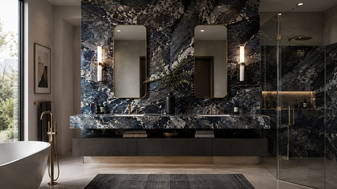 Spa-style bathroom wall finished in Explosion Blue Granite, a Stone Experience project