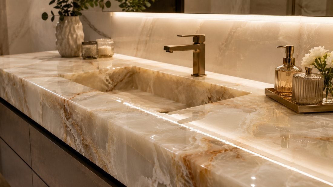 Bathroom vanity and sink finished with Onyx Velluto stone, a Stone Experience project