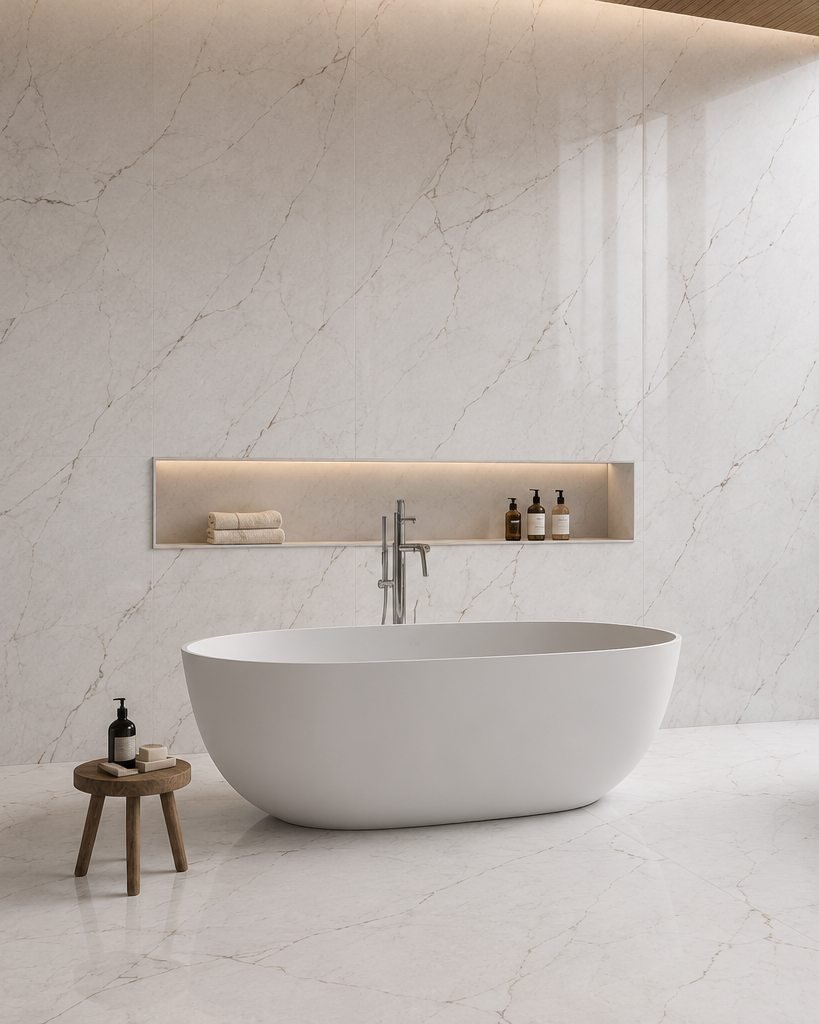 Bathroom with freestanding tub and porcelain surfaces, a Stone Experience project