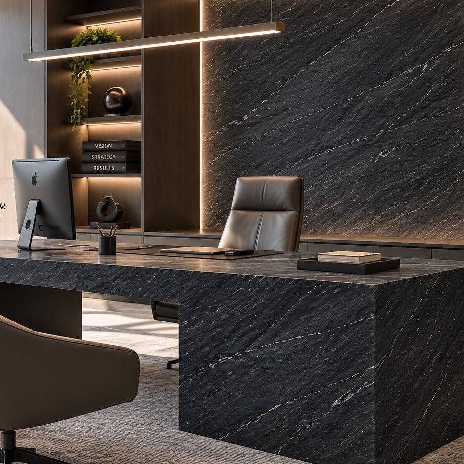 Executive office desk in Black Marine Soapstone, a Stone Experience project
