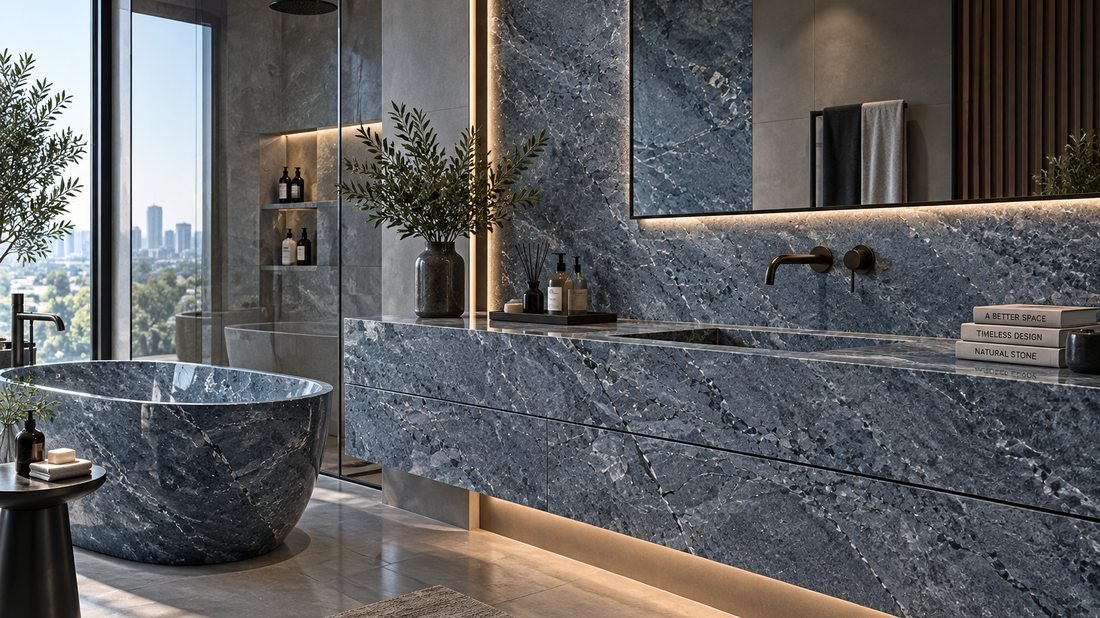 Bathroom with freestanding tub in Soapstone overlooking the skyline, a Stone Experience project