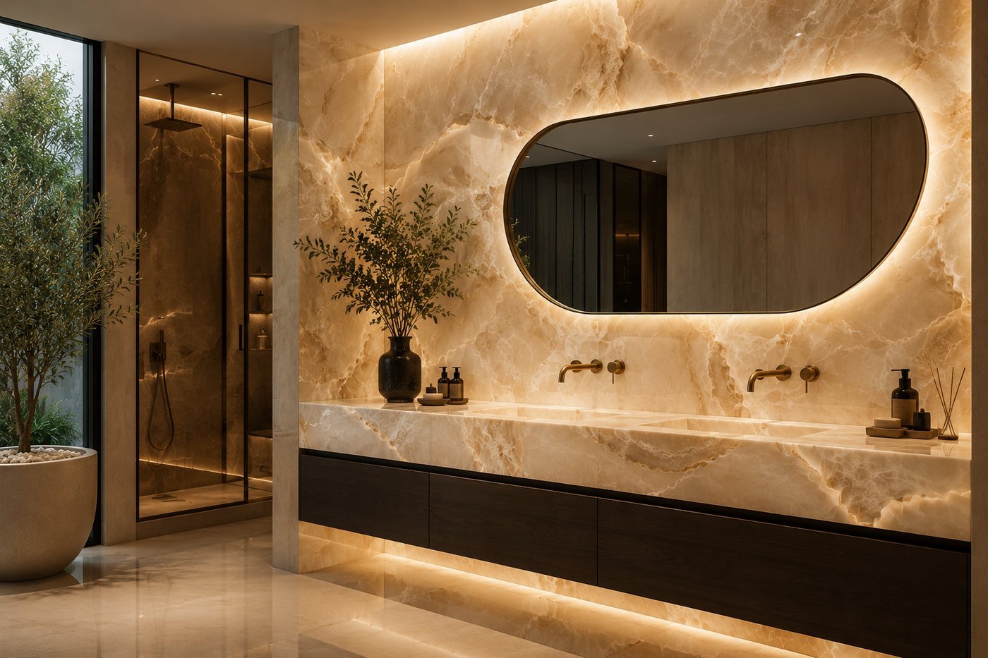 Backlit Onyx Velluto bathroom vanity wall by Stone Experience