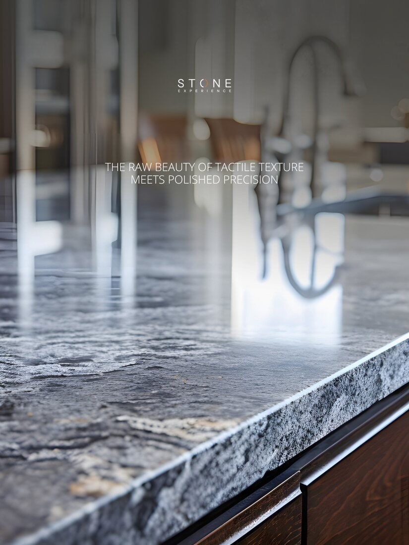 Stone Experience countertop edge, raw texture meets polished precision