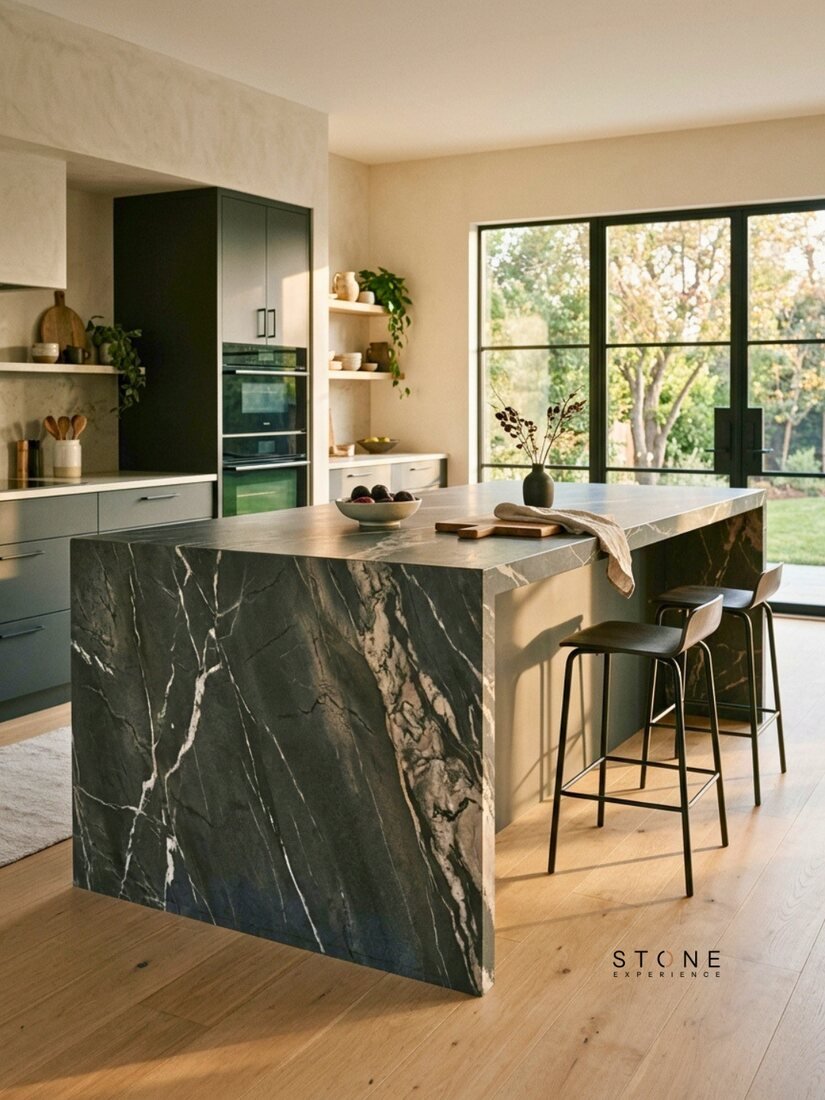 Stone Experience kitchen island, dark stone with light veining