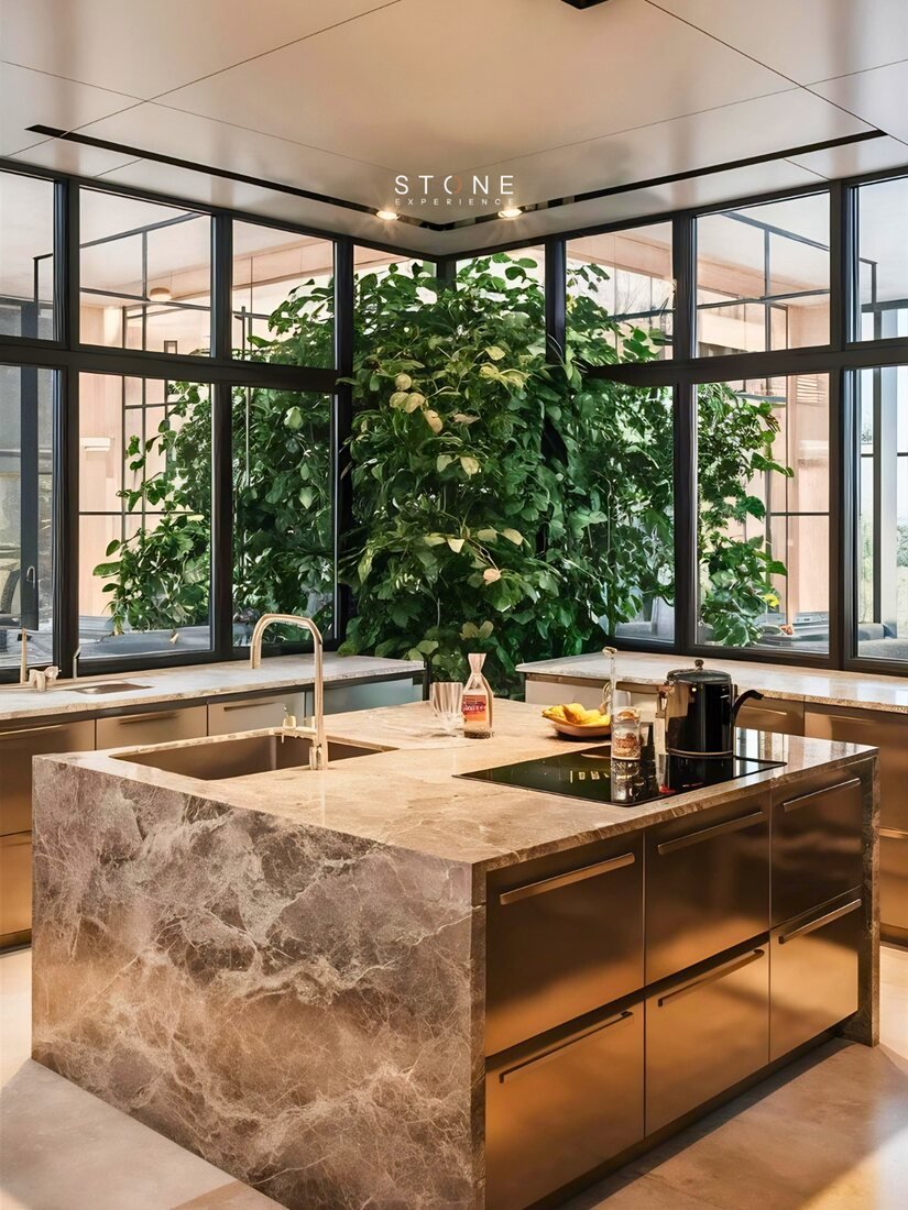 Stone Experience kitchen island, warm stone surrounded by natural light